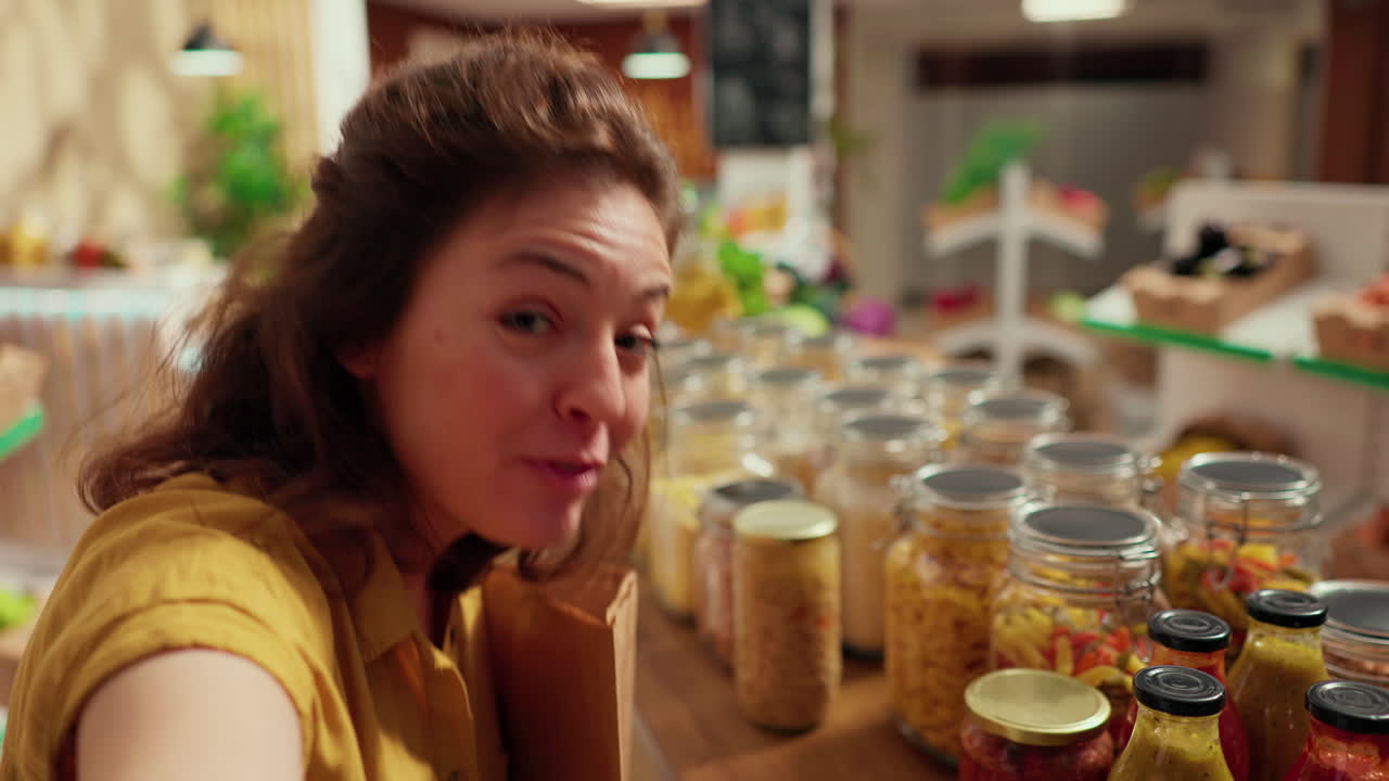 지역 상점을 칭찬하는 여성 영화 블로그