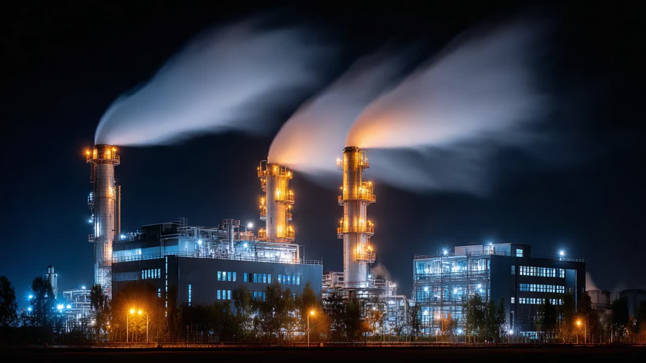 Impressive Nighttime Industrial Scene Captured, Featuring Towering Smoke Stacks and Illuminated Factories Emitting Steam Against a Dark Backdrop, Showcasing Modern Infrastructure