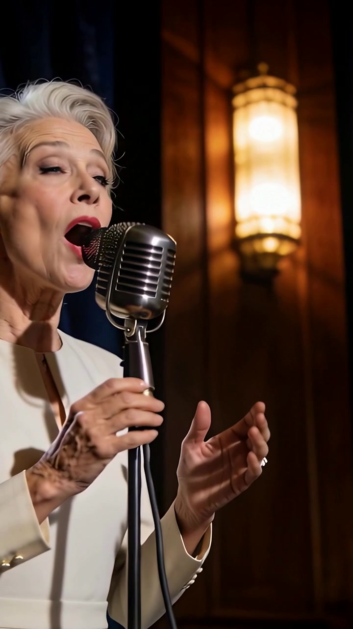 Video verticale: Cantante con la bocca aperta in cappotto che canta in un microfono vintage in un club per la folla, con spazio per il testo