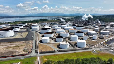 wide establishing aerial of an oil refinery plant