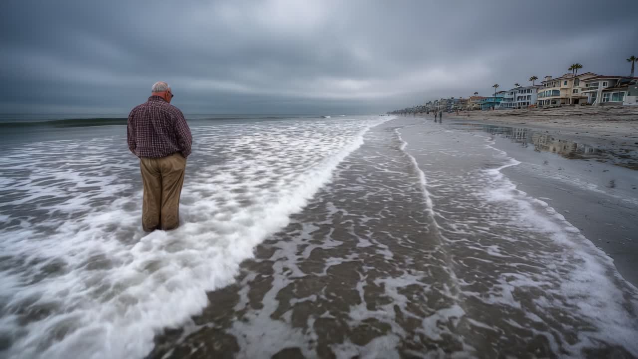 Una figura solitaria si trova sul bagnasciuga, osservando un oceano avvolto nella nebbia, circondata da nuvole e una costa lontana, cogliendo un momento di riflessione e tranquillità.