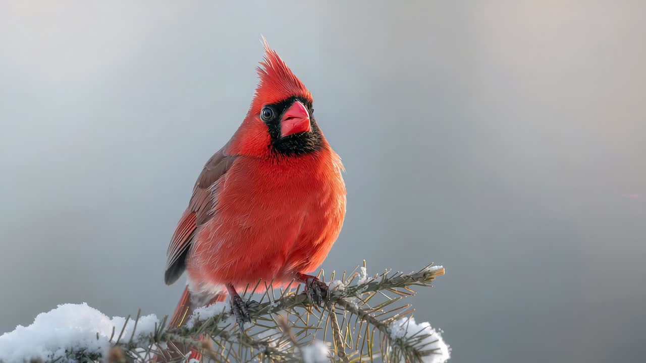 Perching red cardinal shifting after facing lens on snow-covered conifer branch, inspecting branch