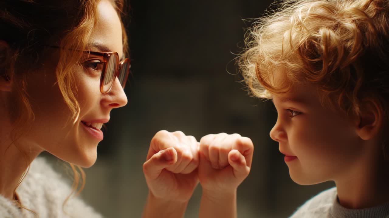Un tenero momento di giocosa connessione tra una madre e il suo bambino, che mette in mostra il loro stretto legame e la gioia condivisa in un ambiente intimo, pieno di illuminazione soffusa e calore