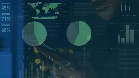 Animación-Del-Procesamiento-De-Datos-Estadísticos-Contra-Un-Hombre-Afroamericano-Usando-Un-Teléfono-Inteligente-En-La-Oficina