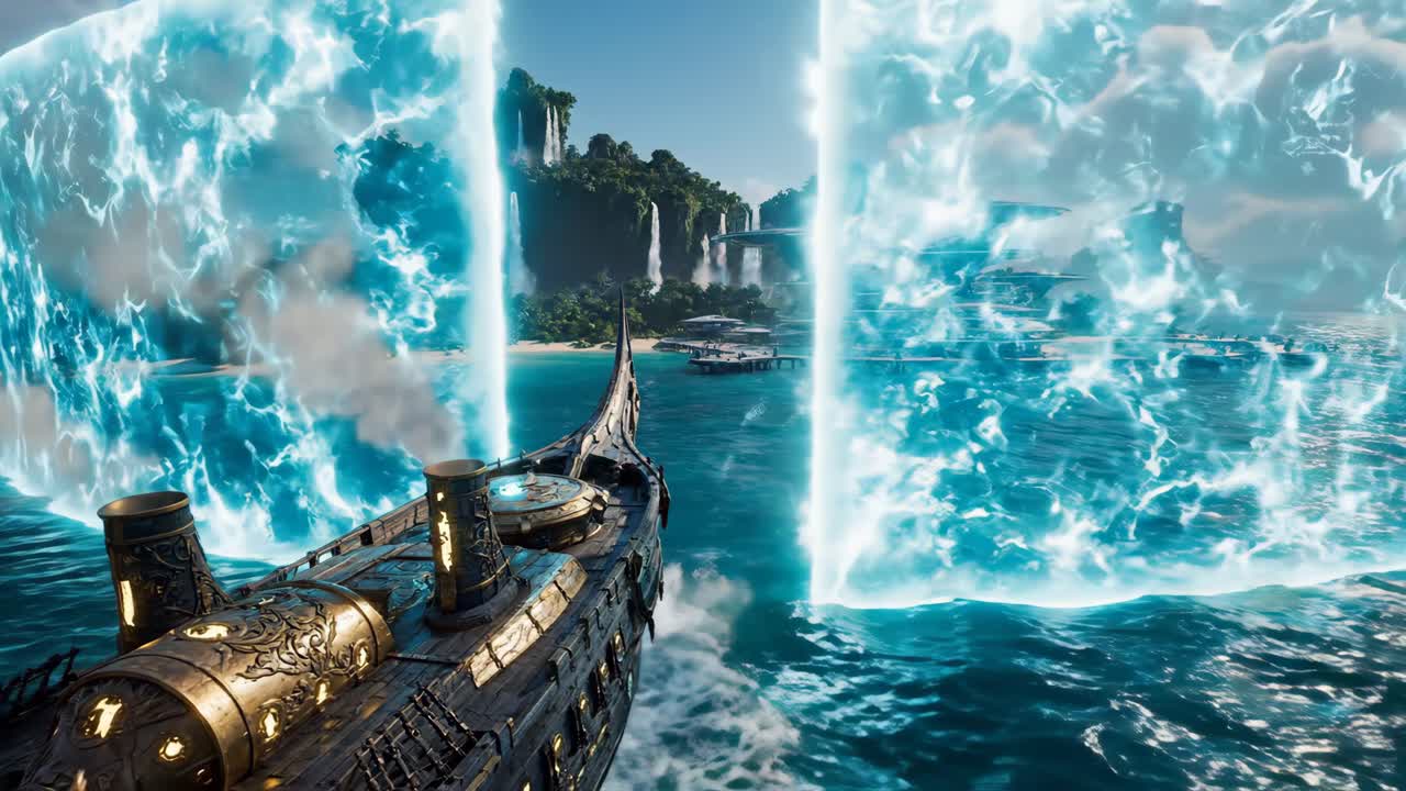 Fantasy landscape with a ship sailing through magical barriers