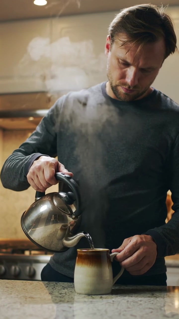 Vertical video: Lifting kettle, man in dark shirt pouring hot water into mug to fill cup in kitchen