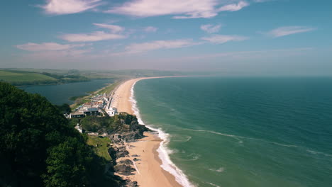 Descending-drone-shot-of-Slapton-Ley-Devon,-UK