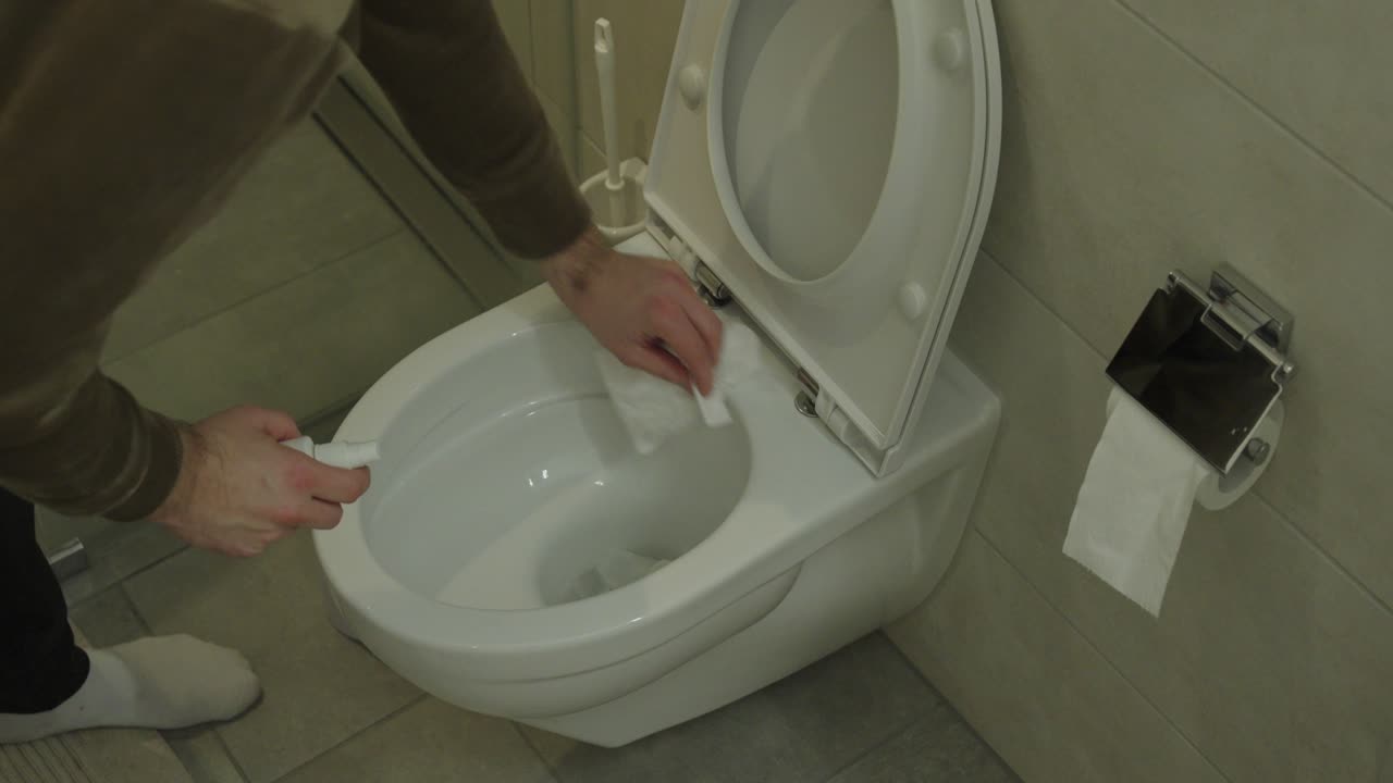 Close-up of a person disinfecting a toilet at home, highlighting hygiene measures, norovirus prevention, and infection control in the bathroom