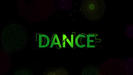 animation of dance text over shapes and fireworks on black backrgound