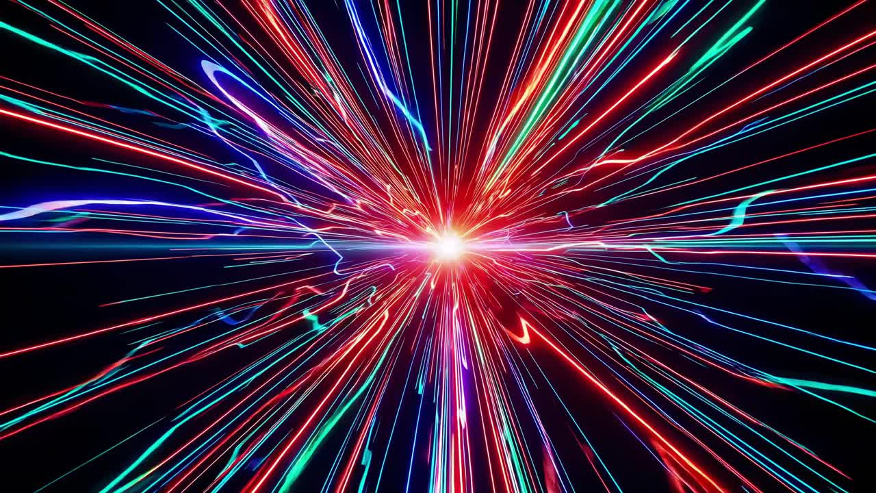 Light streaks of various colors and shapes explode from a central glowing point against a black background, creating a dynamic and energetic visual