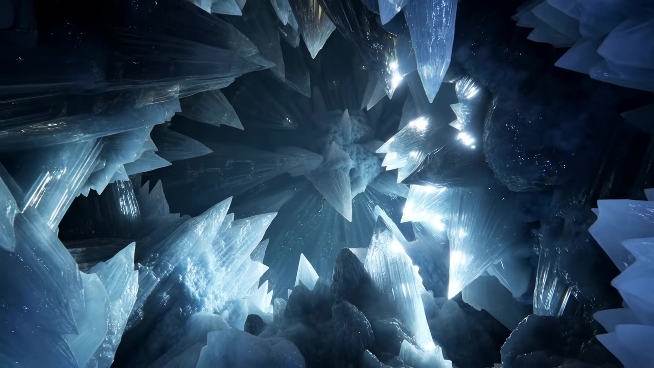 Close-up view of shimmering and glowing icy crystal formations set against a dark background, creating a mysterious and ethereal atmosphere in a frozen landscape. The scene is perfect.