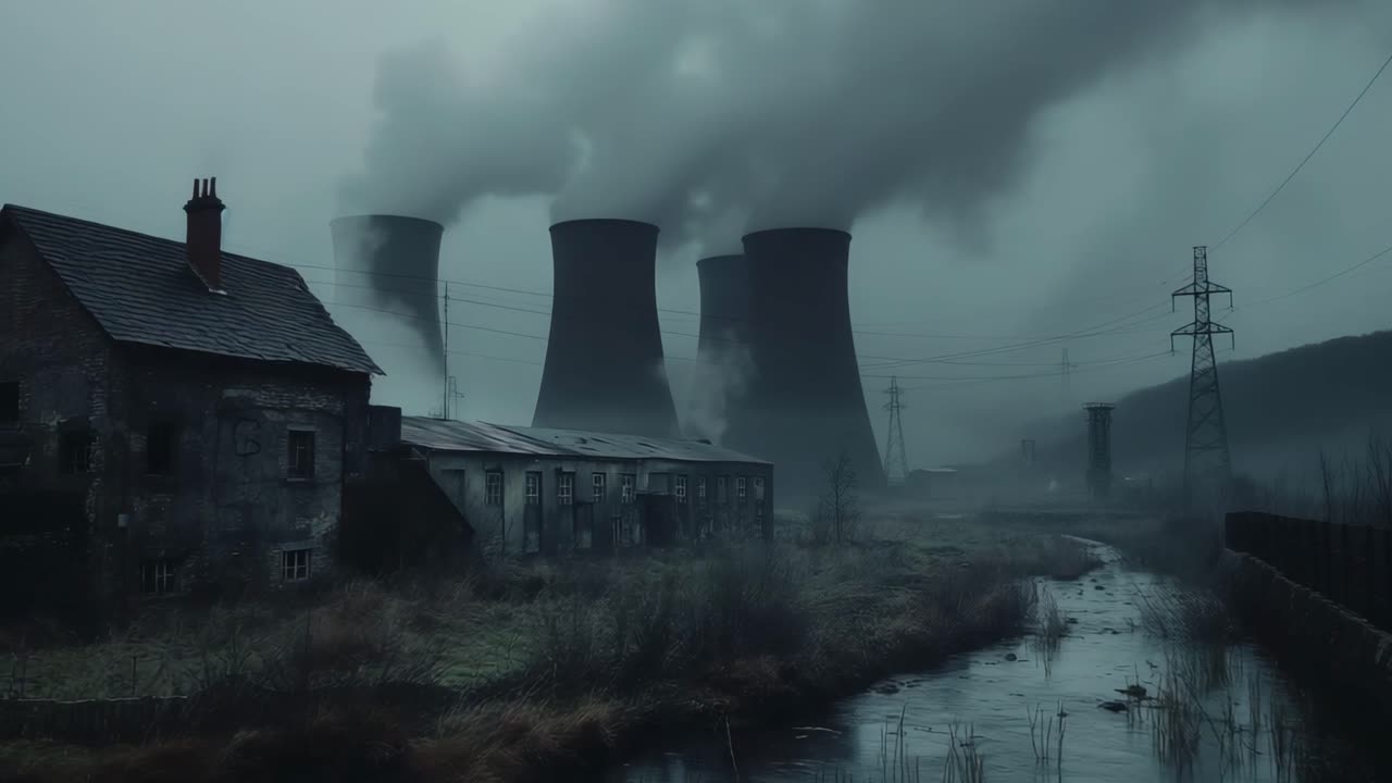 Gloomy Industrial Landscape with Nuclear Power Plant