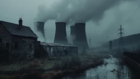 gloomy industrial landscape with nuclear power plant