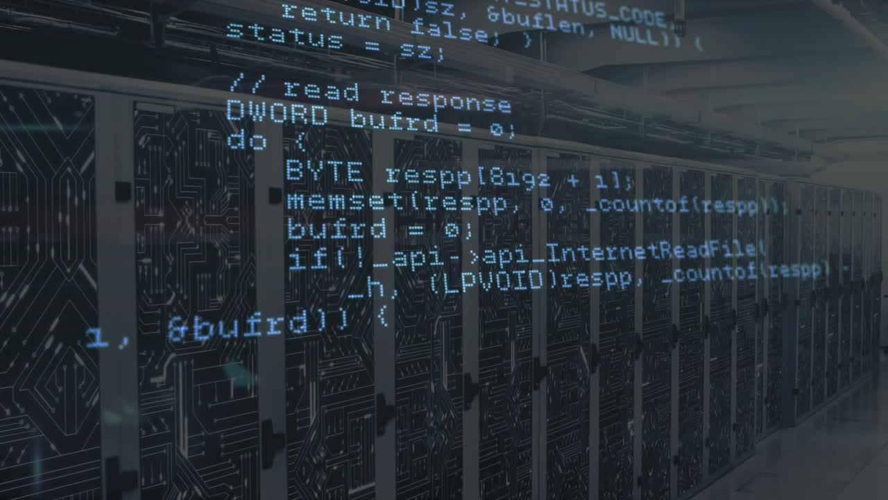 Translucent C++ code scrolling through sections on network response visualizing code flow
