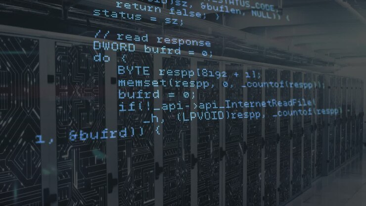 Durchscheinender C++-Code scrollt durch Abschnitte bei der Netzwerkantwort, visualisiert den Codefluss.