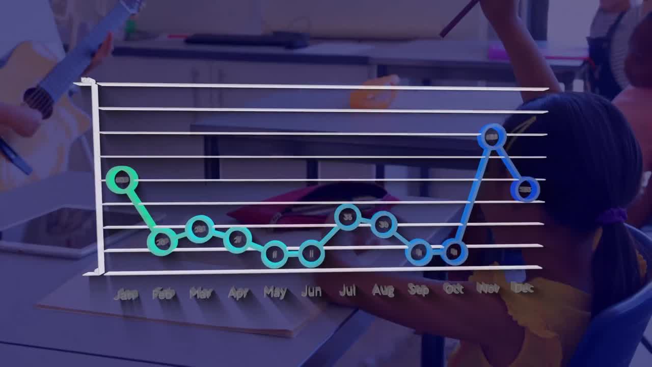 procesamiento de datos estadísticos sobre un niño afroamericano tocando la guitarra en la clase en la escuela