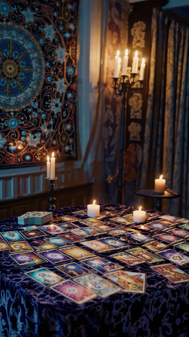 A mystical tarot card setup on a velvet table, surrounded by candles