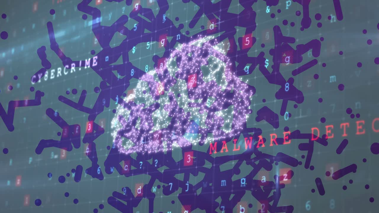 Dynamische alfanumerieke symbolen die opkomen en samenkomen tot een malwarewolk die waarschuwt voor een beveiligingsrisico