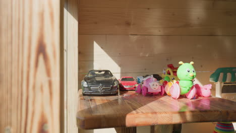colorful collection of kids toy vehicles including insect, cartoon train, and cars neatly arranged on wooden shelf inside sunlit room with soft natural light casting shadows across