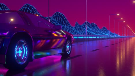80s retrowave fondo animación 3d. rueda de accionamiento de automóviles de neón futurista de cerca.