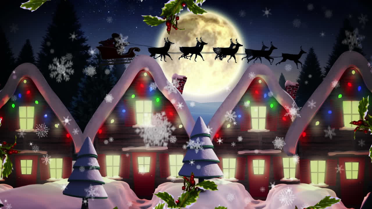 크리스마스 장식은 산타클로스가  ⁇ 매를 타고 겨울 풍경 위에서 사 ⁇ 에 의해 당겨지고 있습니다.