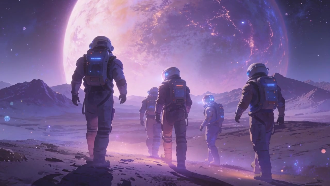 Planetglød tiltrekker fem romdraktkledde utforskere som rykker frem for å utforske en fremmed slette, iført blå ryggsekker.