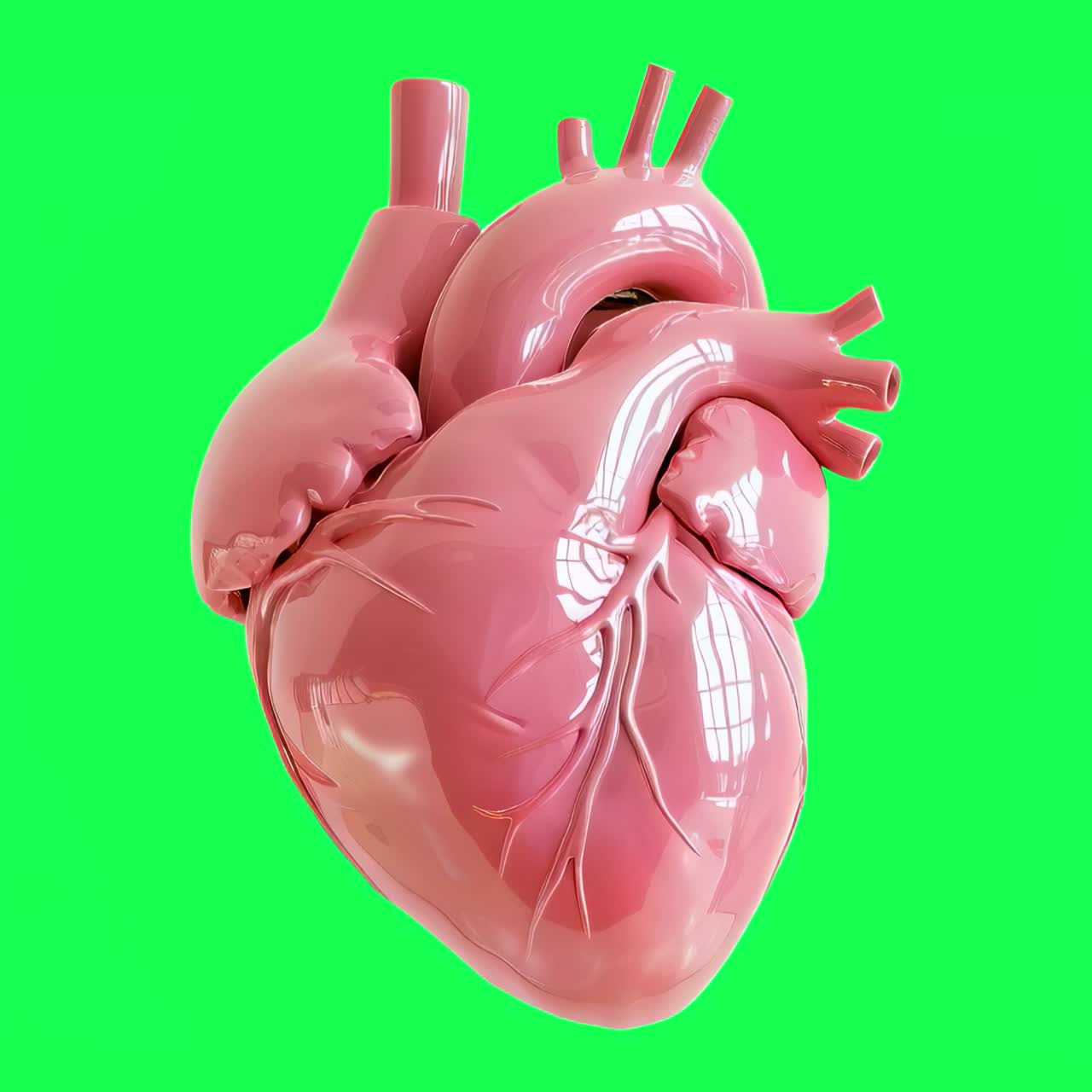 Glossy anatomical heart model animation, transparent 4K video, green screen