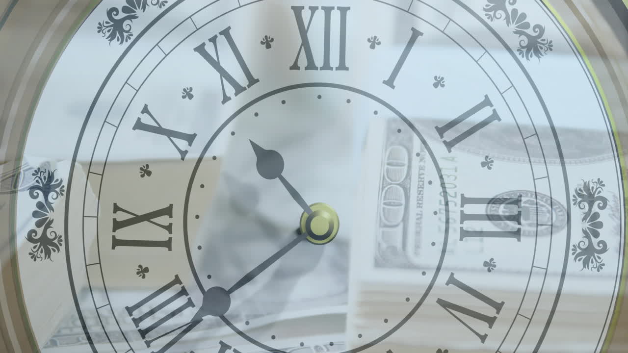 Animation of clock moving over banknotes