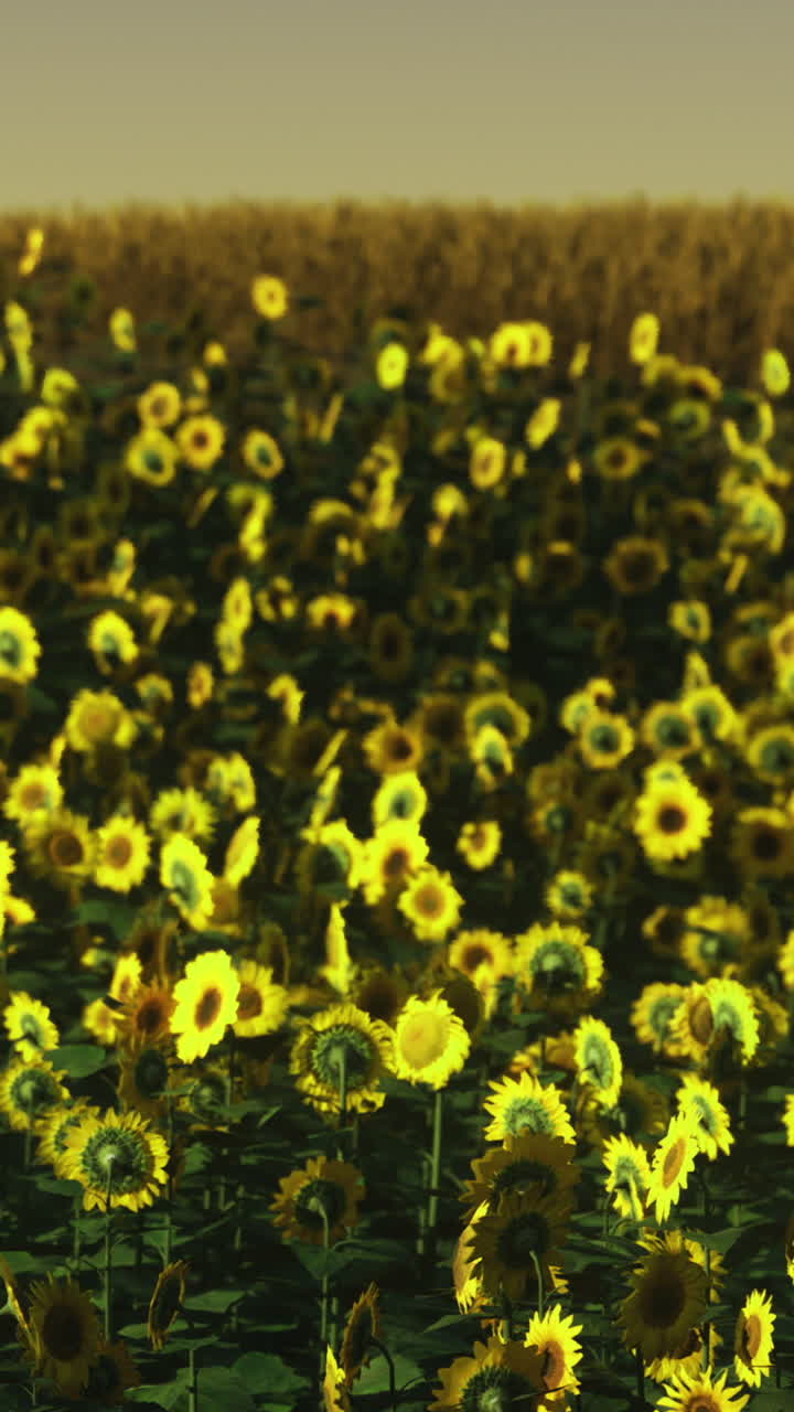 Sunflower field blooming under golden sunlight during late afternoon hours