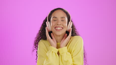 Music-headphones,-dance-and-woman-face-in-studio