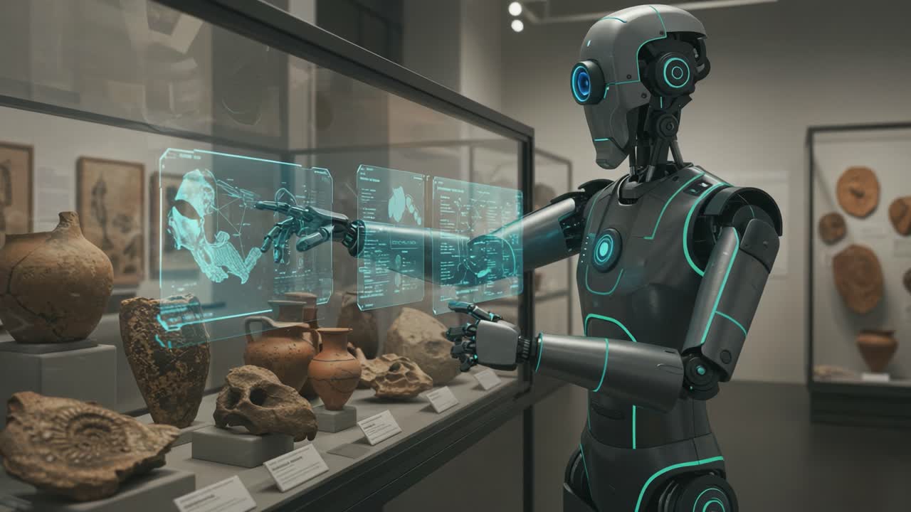An Advanced Robot Interacting with Digital Displays, Analyzing Ancient Artifacts in a Museum Setting With Interactive Technology and Historical Insights