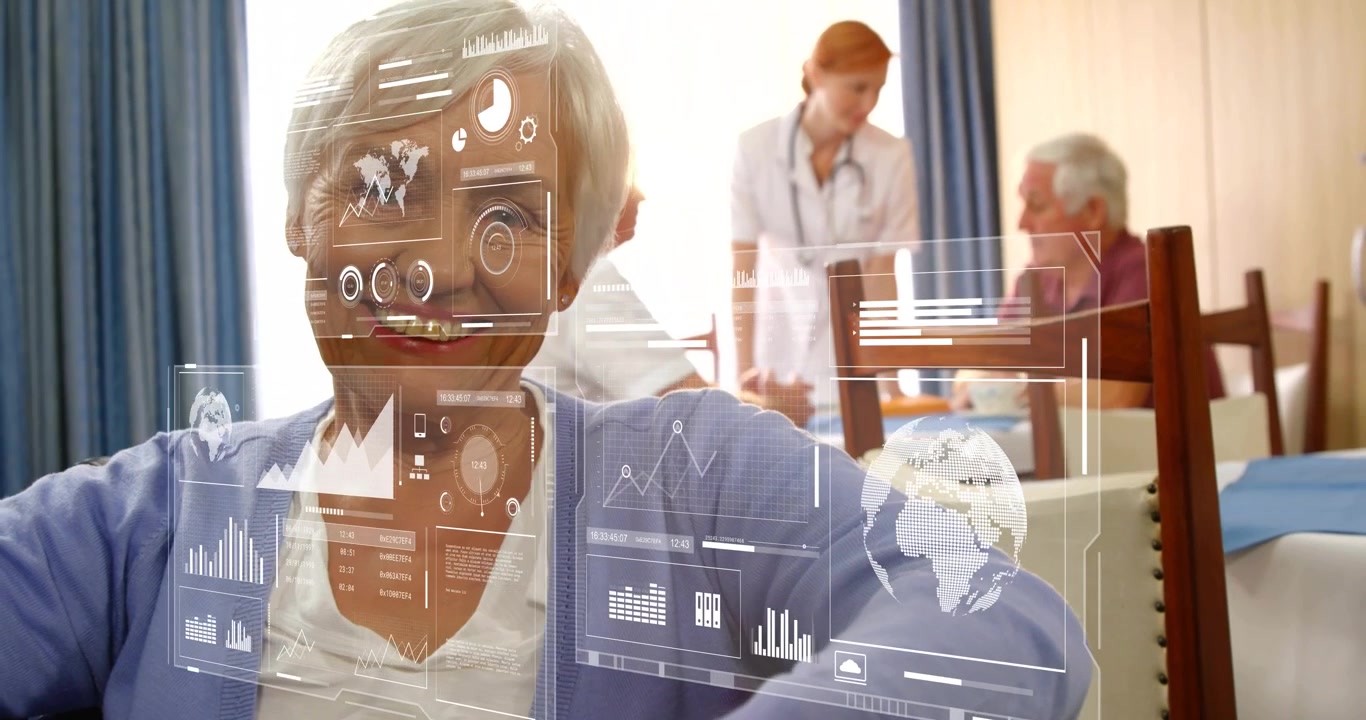 Senior female patient observing UI data fading in while doctor examining male for telehealth