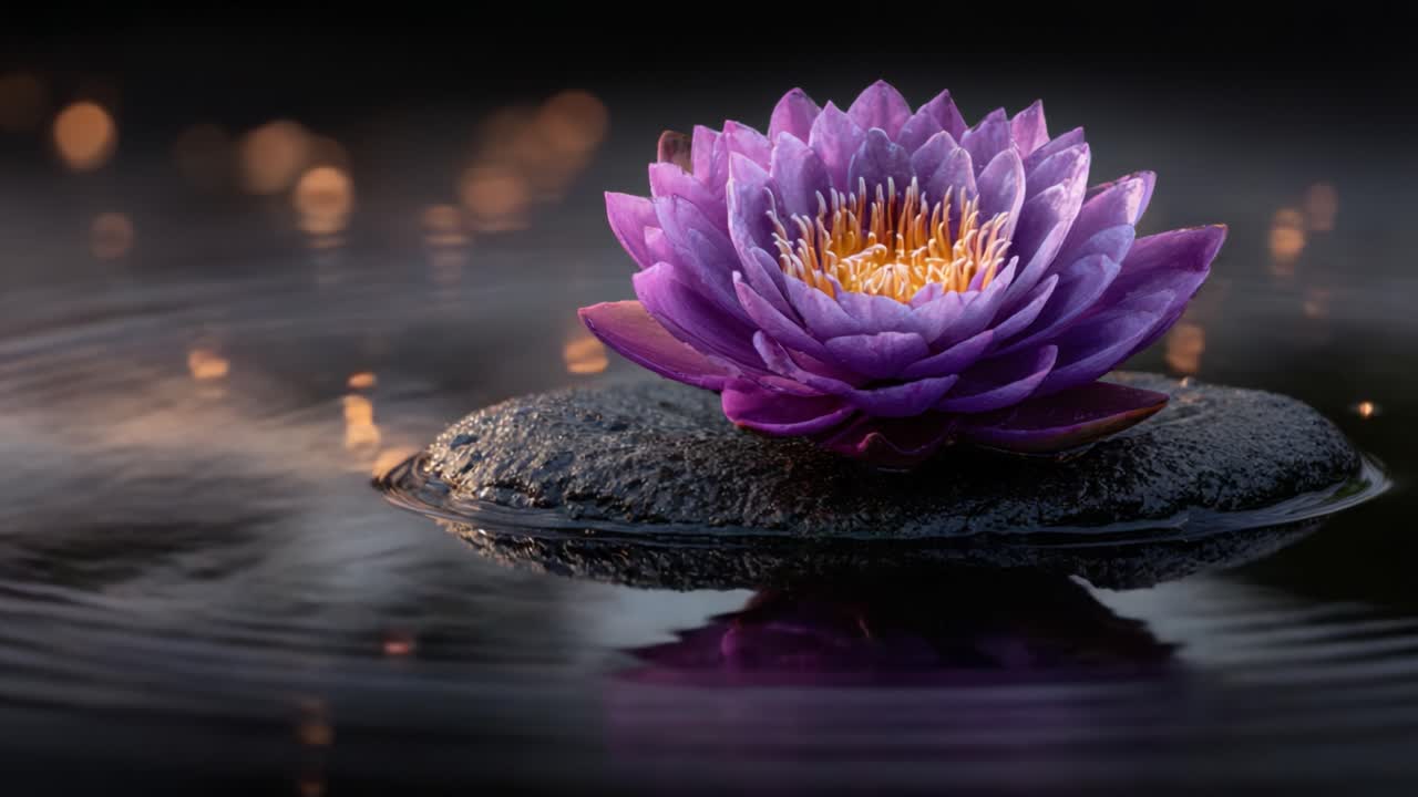 A Serene Purple Water Lily Blooms on a Stone Amidst Gentle Ripples and a Softly Glowing Background, Capturing the Tranquility of Nature's Beauty