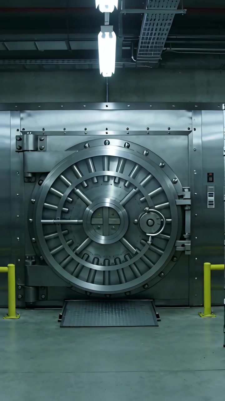 Vertical video: Fixed camera filming circular steel vault door in vault for security, with keypad