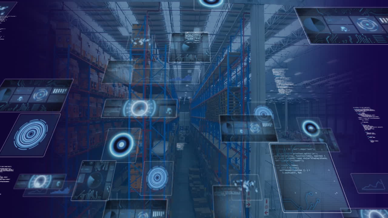 창고 위의 범위 스캐닝과 함께 데이터 처리 애니메이션