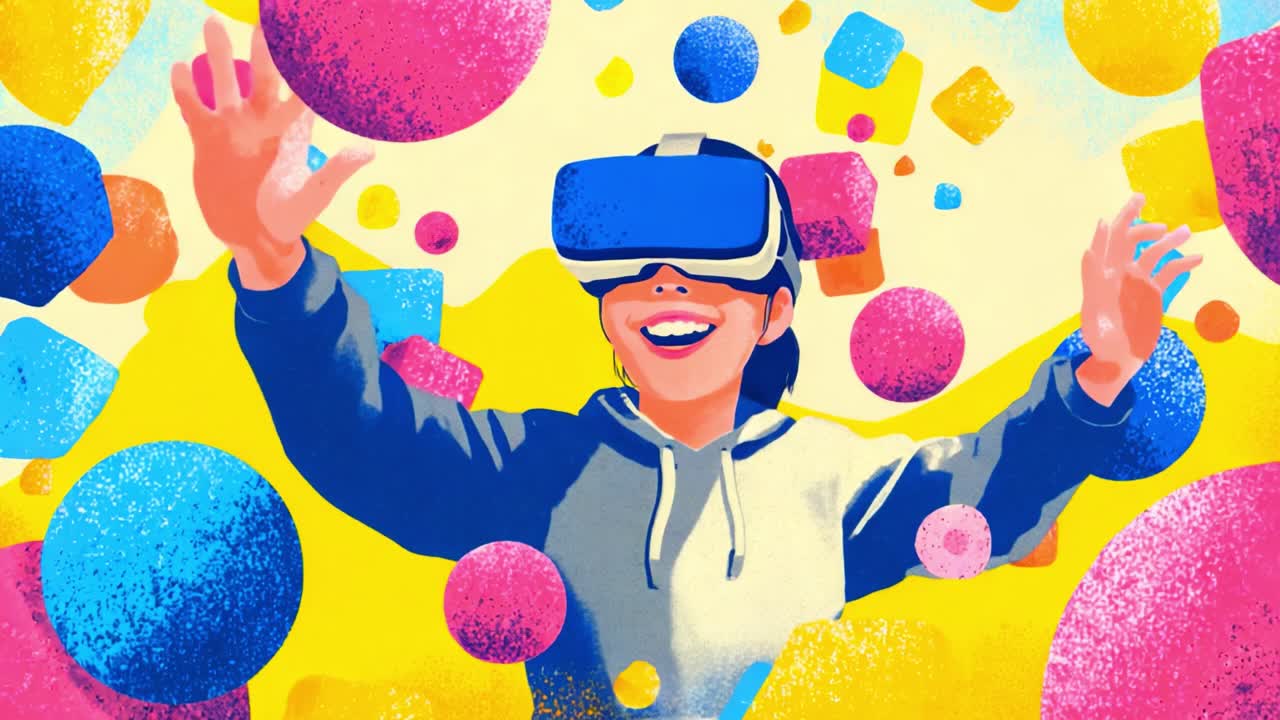 A Joyful Experience in Virtual Reality: A Young Person Engaged in the Excitement of VR Technology Surrounded by Colorful Shapes and Bubbles, Showcasing the Thrill of Immersive Digital Experiences