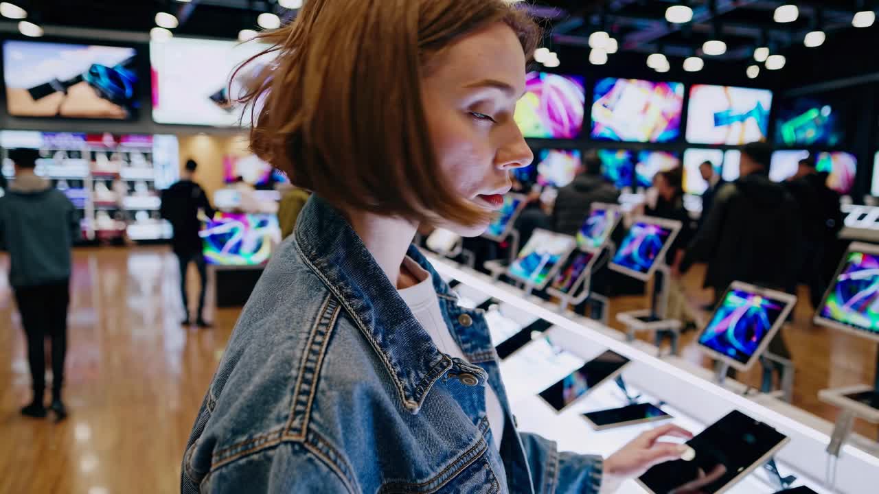 A woman in a denim jacket examines tablets in a tech store. The side angle captures vibrant screens