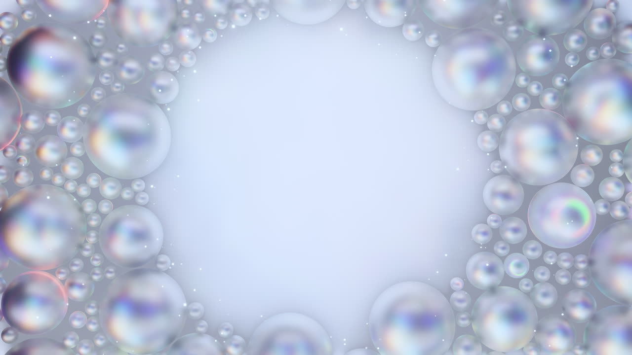 Animazione di sfondo astratta con bolle o perle luminose e trasparenti con riflessi colorati, disposte intorno a uno spazio centrale luminoso. Ideale per prodotti di bellezza, cosmetici o di lusso.