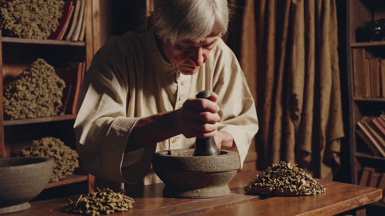 Herbalist Preparing Dried Herbs