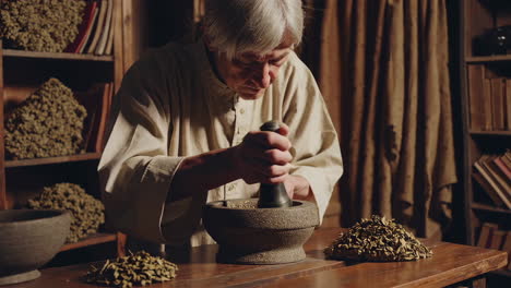 herbalist preparing dried herbs
