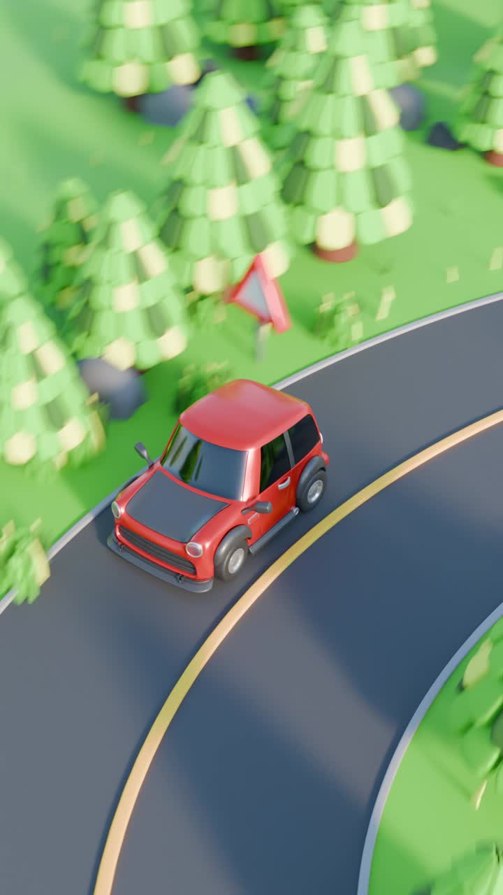 Auto in stile cartoni animati su una strada circondata da alberi
