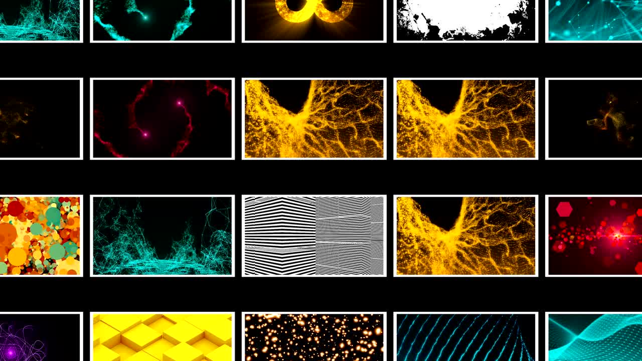 muchos diferentes papeles de pared abstractos brillantes en el espacio negro, renderización 3d