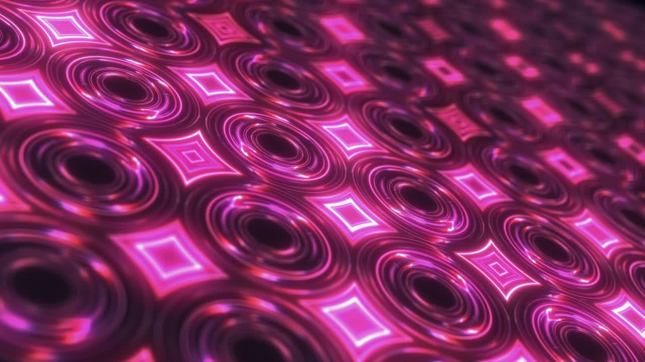 3D perspective pink purple neon futuristic technology form swirl circle texture pattern animation. 4K seamless loop electronics LED wall digital circuit concept for VJ DJ loop audiovisual stage BG.