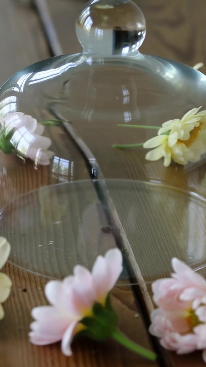 Vidéo verticale : Mouvement de caméra glissant montrant une cloche en verre sur une table en bois près d'une fenêtre, révélant une fleur