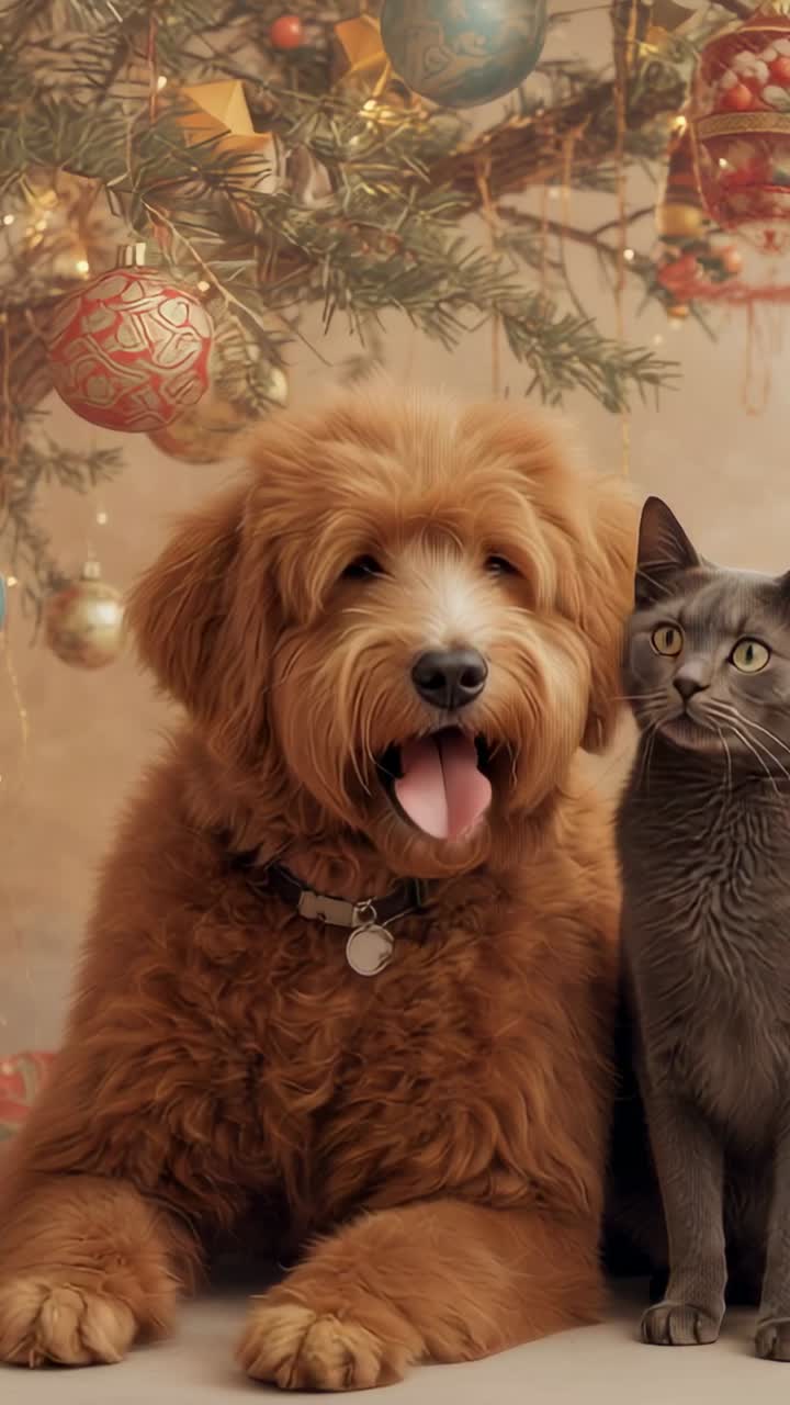 Vertical video: Hearing sound dog and cat flicking ears, tilting heads by Christmas tree lights