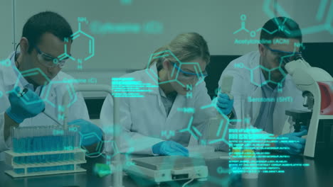animación de estructuras químicas y procesamiento de datos sobre diversos científicos que trabajan en el laboratorio