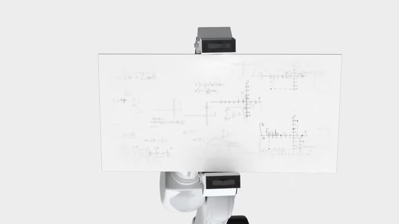 Digitally generated video of robotic arm holding card with mathematical formula