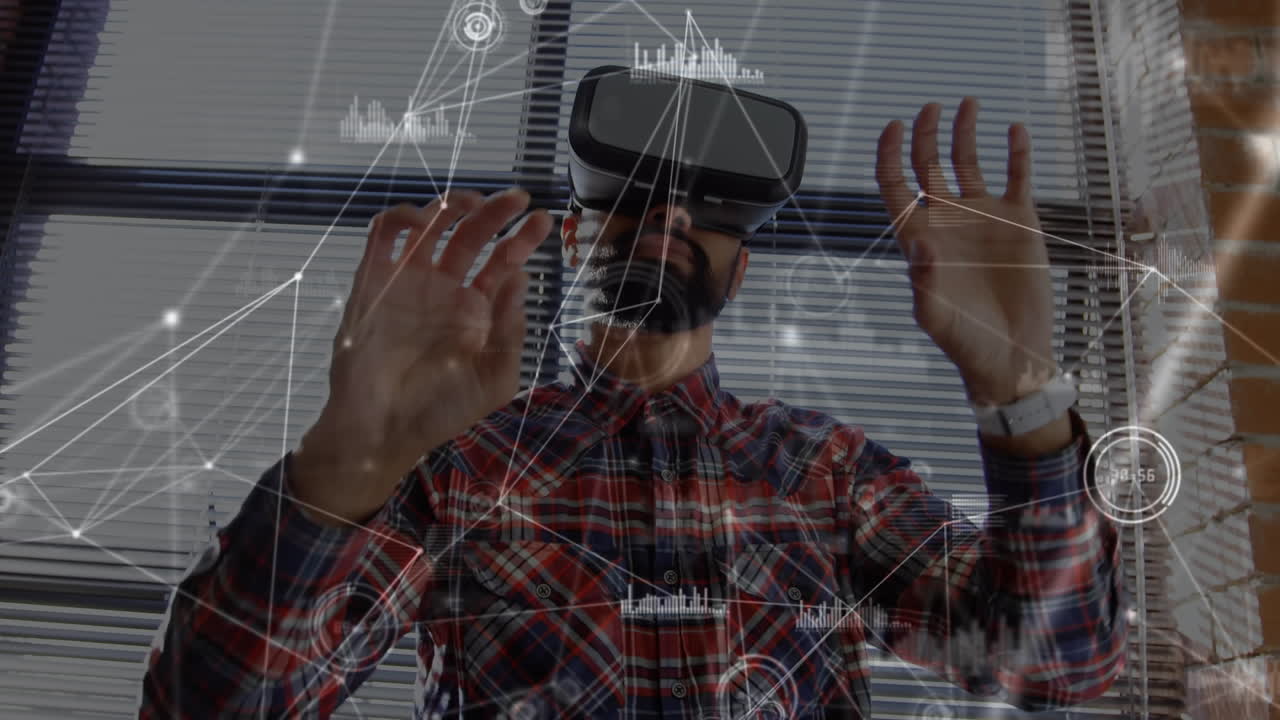 Animation of network of connections over man wearing vr headset