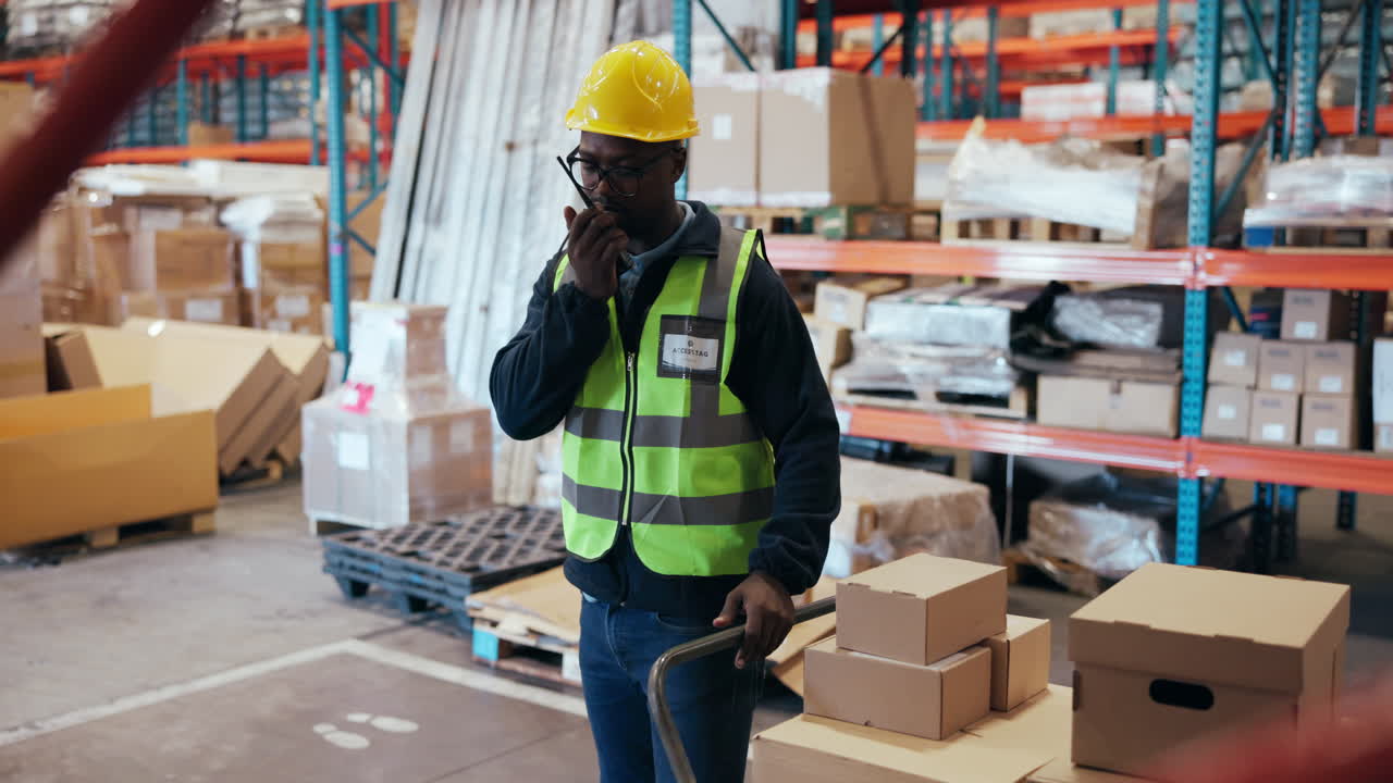 Warehouse Worker Communicating on Walkie-Talkie with Boxes on Cart