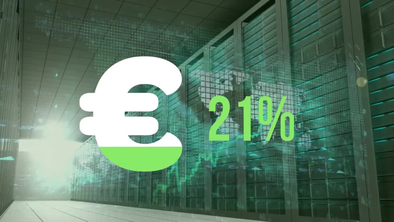 símbolo del euro y porcentaje creciente con datos digitales y sala de servidores informáticos